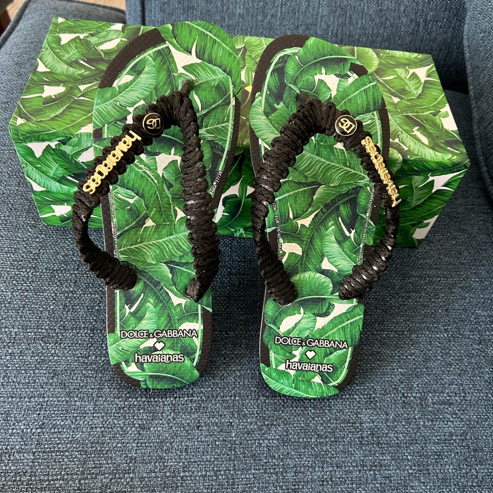 Dolce & Gabbana Black Flip Flops with Green Leaf Design